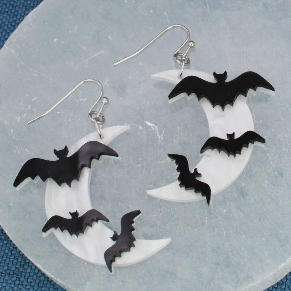 Night Flight Bats Crescent Moon Dangle Earrings