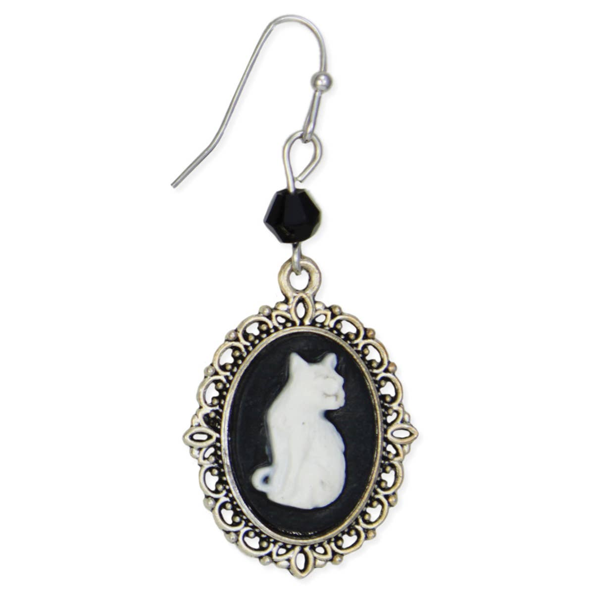 Silver Black Cameo White Cat Dangle Earrings