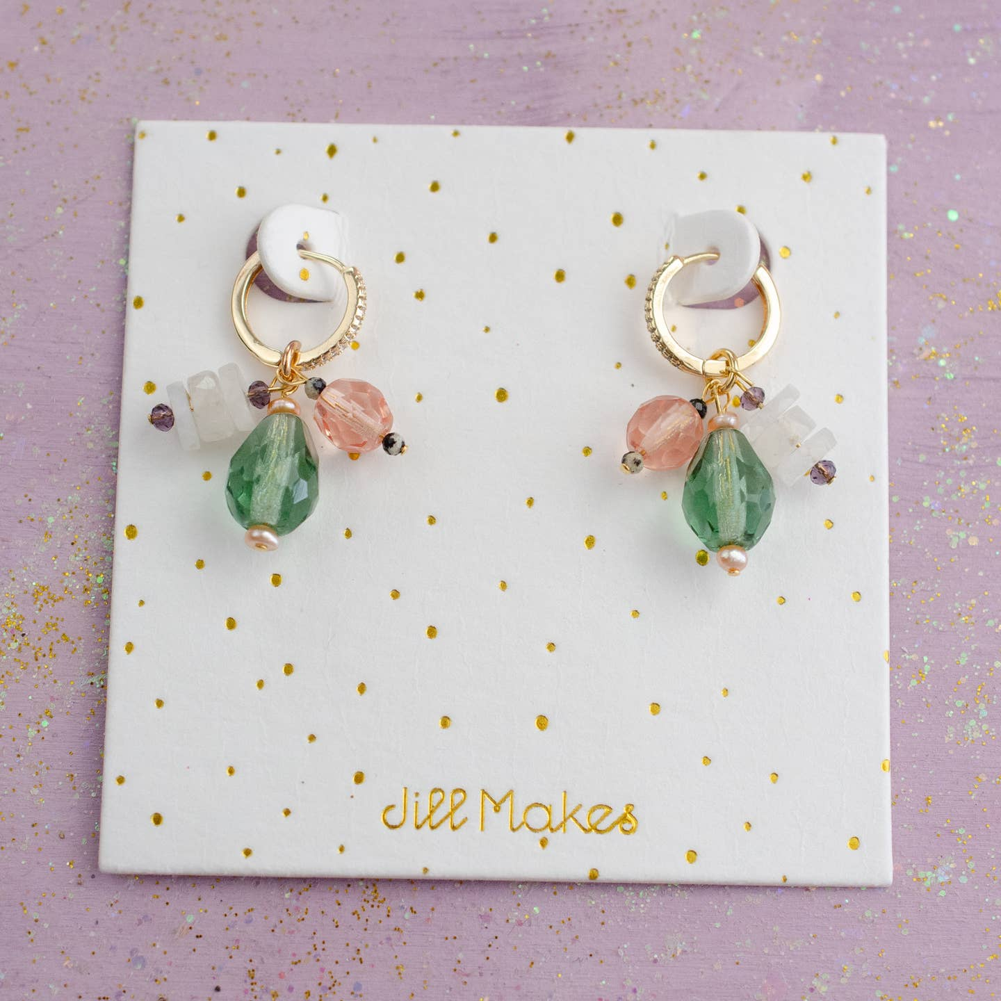 Green & Pink Moonstone Charm Hoop Earrings