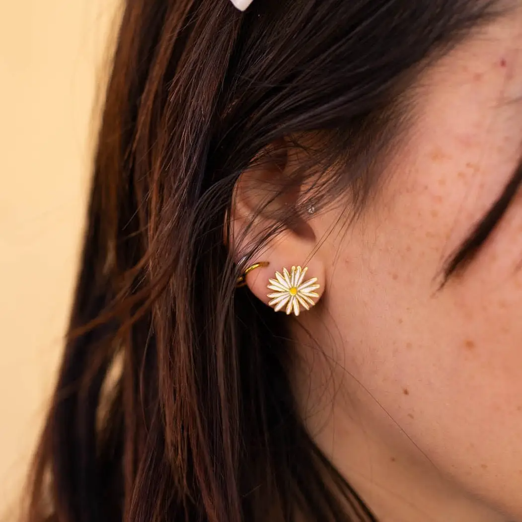Gold Daisy Enamel Post Earrings