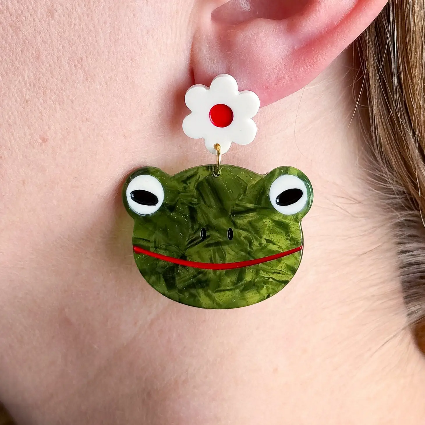 Frog and Flowers Dangle Earrings
