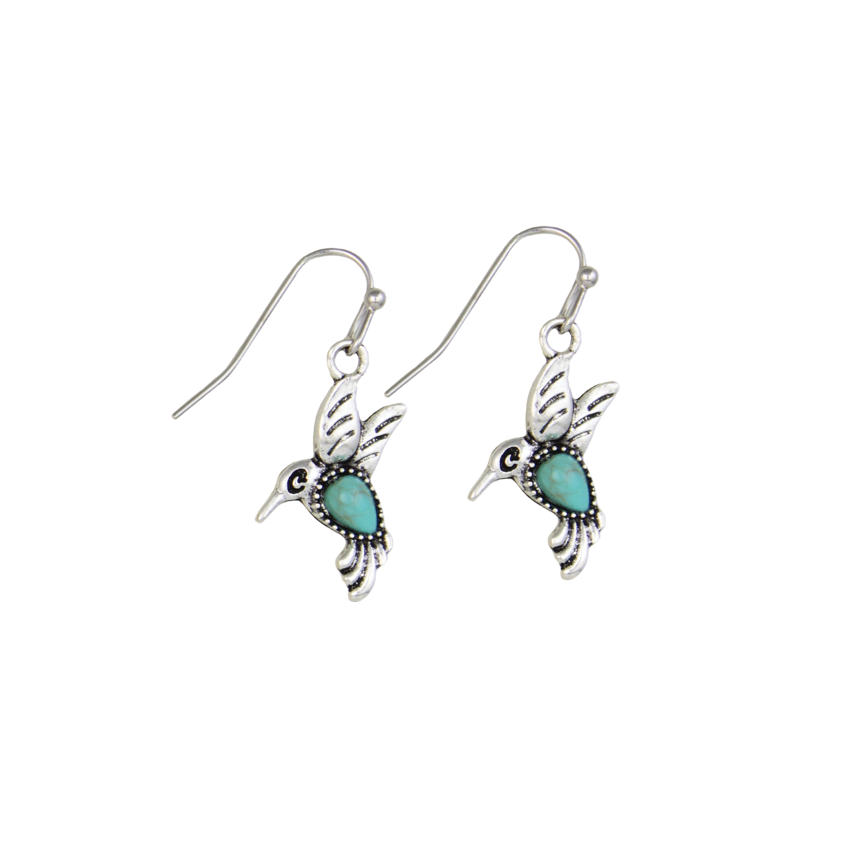Silver Hummingbird Turquoise Dangle Earrings