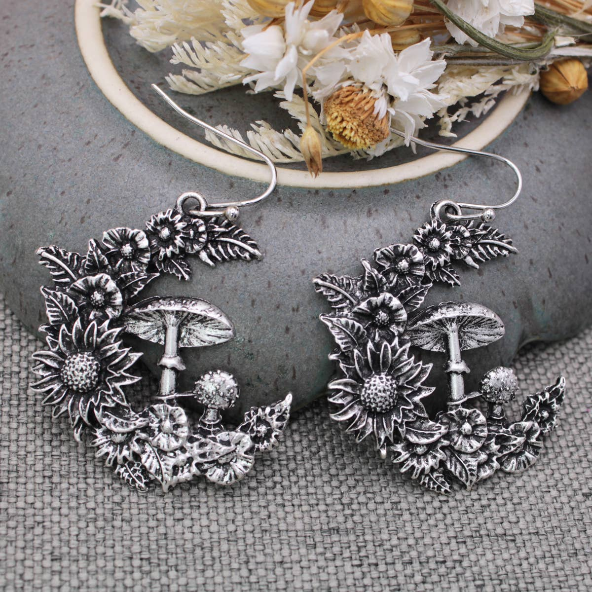 Mystic Mushroom Flower Moon Dangle Earrings