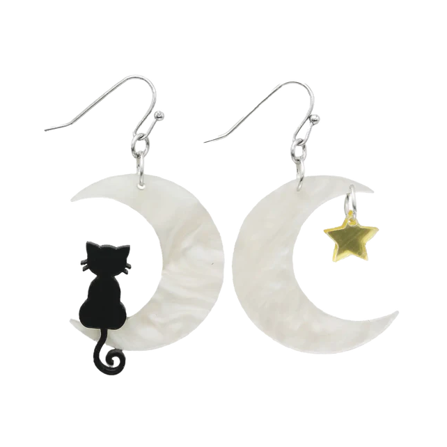 Crescent Moon Sitting Kitty Dangle Earrings
