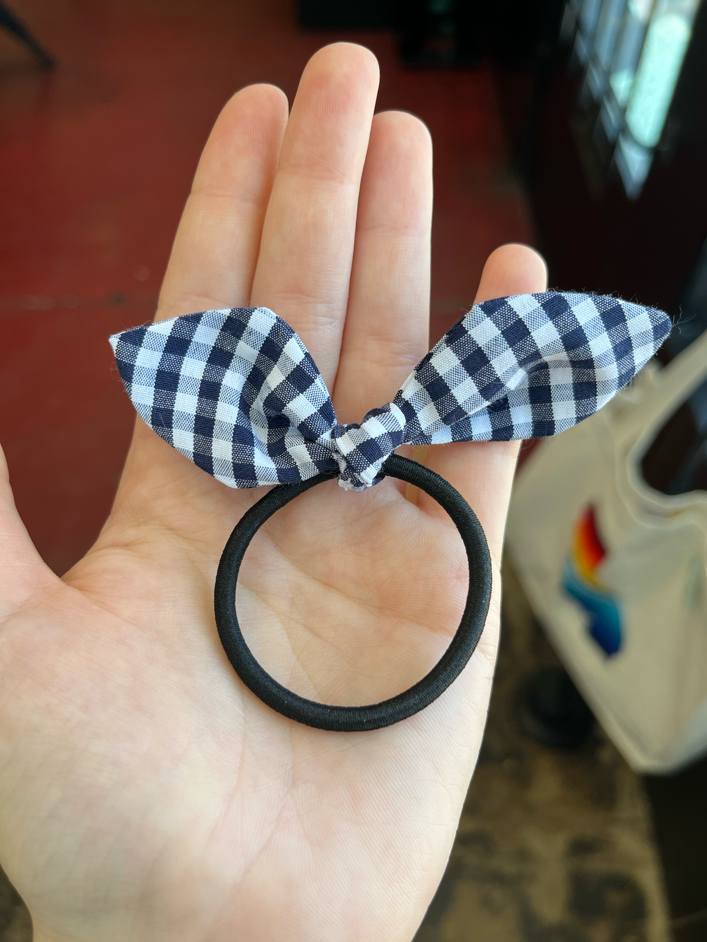 Navy Gingham Bow Hair Tie