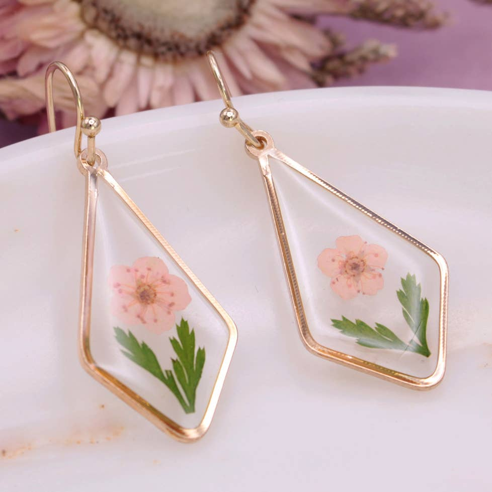 Pink Dried Flower Gold Diamond Dangle Earrings