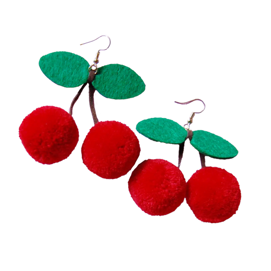 Cherry Pompom Dangle Earrings