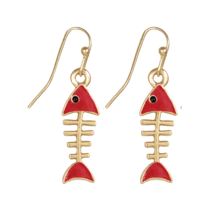 Gold Enamel Fishbone Dangle Earrings