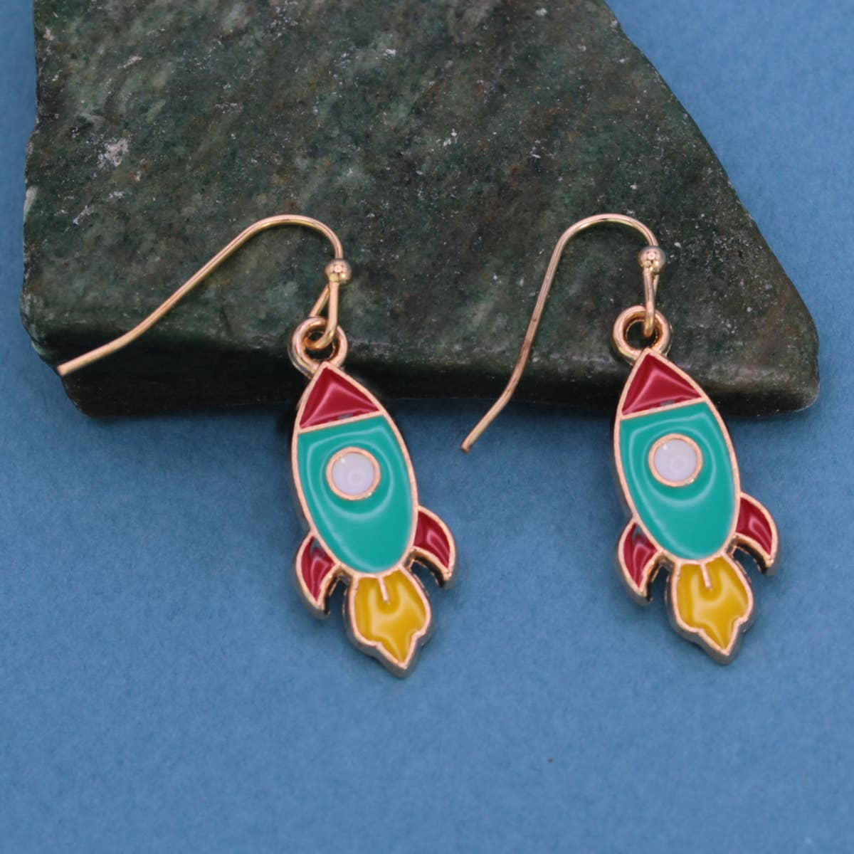 Blast Off Gold Enamel Rocket Dangle Earrings