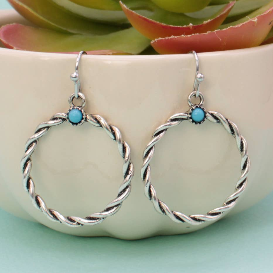 Twisted Silver Circle Turquoise Dangle Earrings
