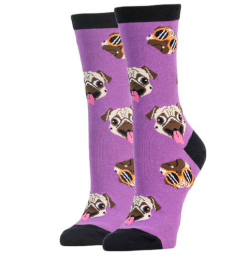 women's purple funny pug faces socks