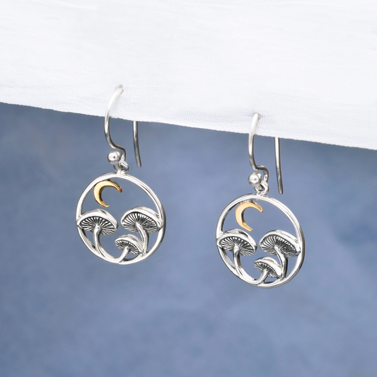 Silver Mushroom with Bronze Moon Dangle Earrings