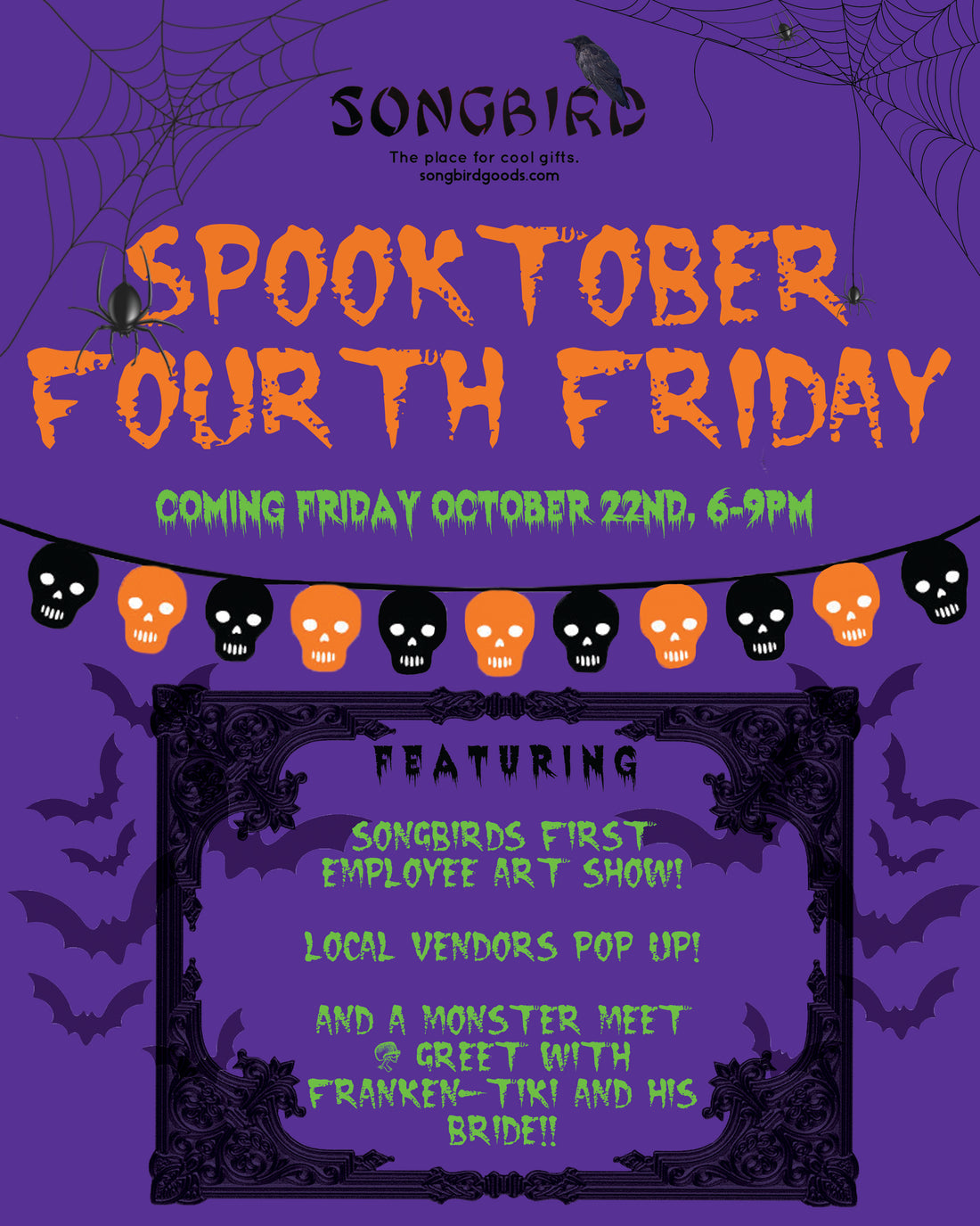 Halloween event flier featuring orange and black skulls, cobwebs and bats.  