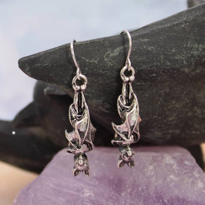 Creature of the Night Silver Hanging Bat Earrings