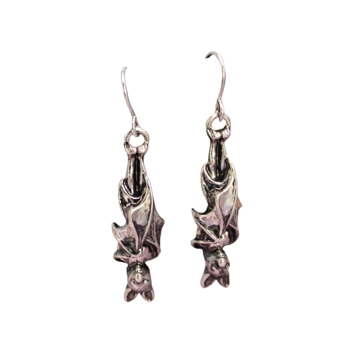 Creature of the Night Silver Hanging Bat Earrings