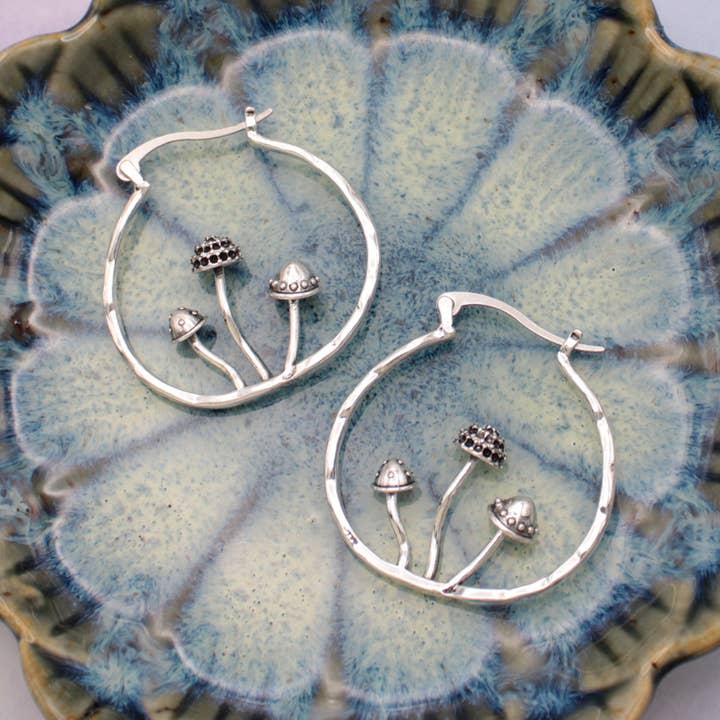 Silver Mushrooms Hammered Hoop Earrings