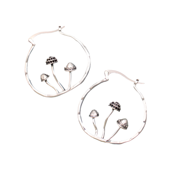 Silver Mushrooms Hammered Hoop Earrings