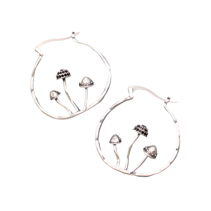 Silver Mushrooms Hammered Hoop Earrings