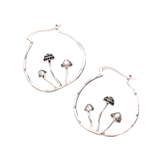 Silver Mushrooms Hammered Hoop Earrings