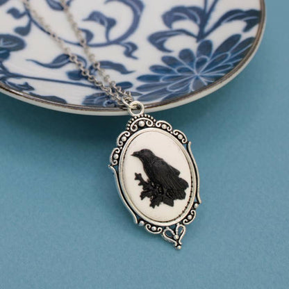 Regal Raven Silver Cameo Necklace