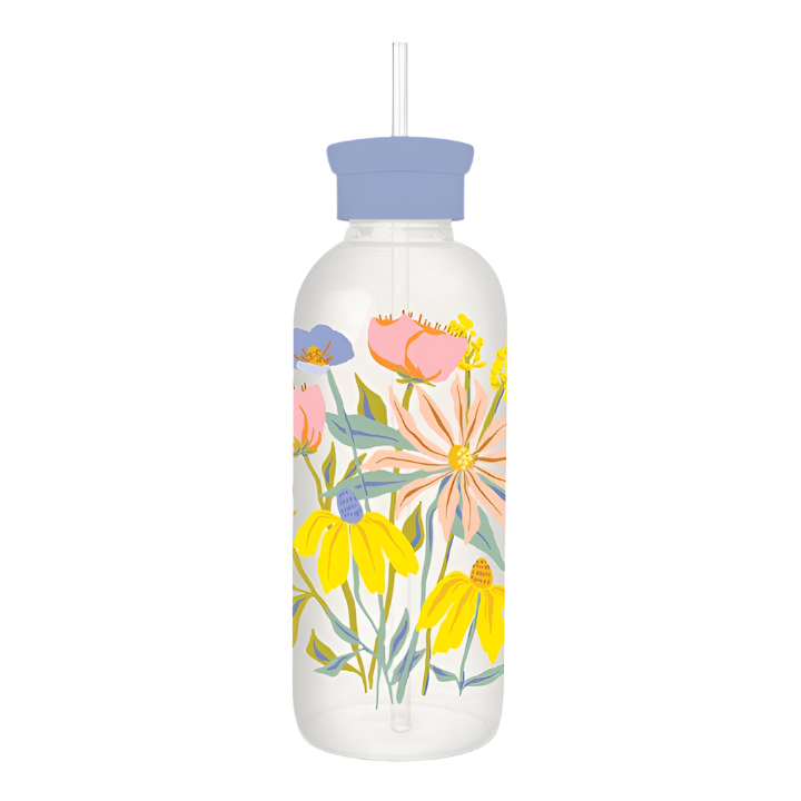 Springtime Blooms Glass Water Bottle with Straw