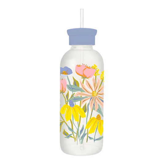 Springtime Blooms Glass Water Bottle with Straw