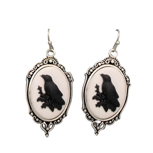 Regal Raven Silver Cameo Earrings