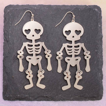 Spooky Swing Silver Skeleton Dangle Earrings