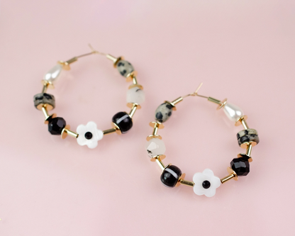 Black and White Beaded Hoop Earings