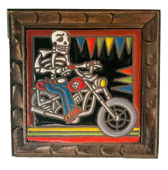 Skeleton Biker Framed Tile