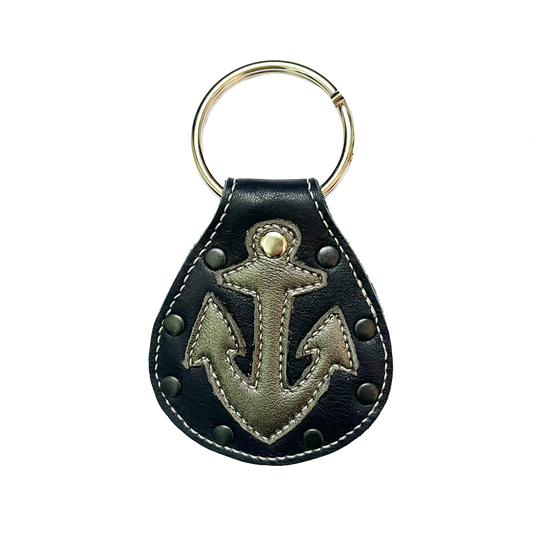 Navy Blue Upcycled Leather Anchor Keychain