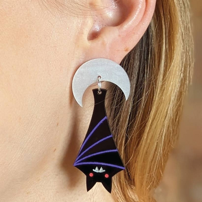 Hanging Bat and Crescent Moon Dangle Earrings