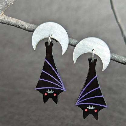 Hanging Bat and Crescent Moon Dangle Earrings