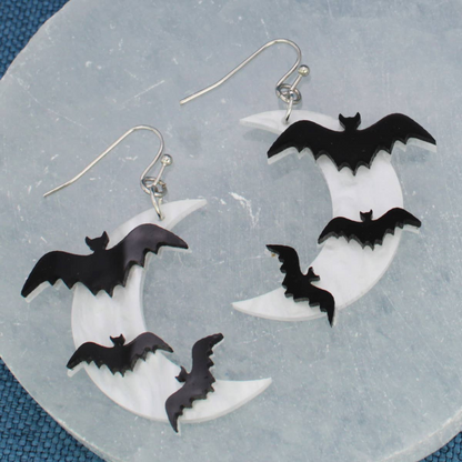 Night Flight Bats Crescent Moon Dangle Earrings