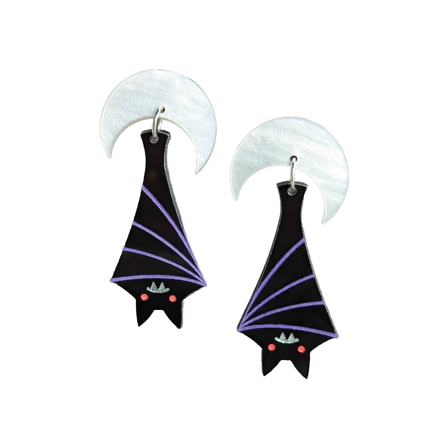 Hanging Bat and Crescent Moon Dangle Earrings