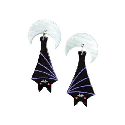 Hanging Bat and Crescent Moon Dangle Earrings