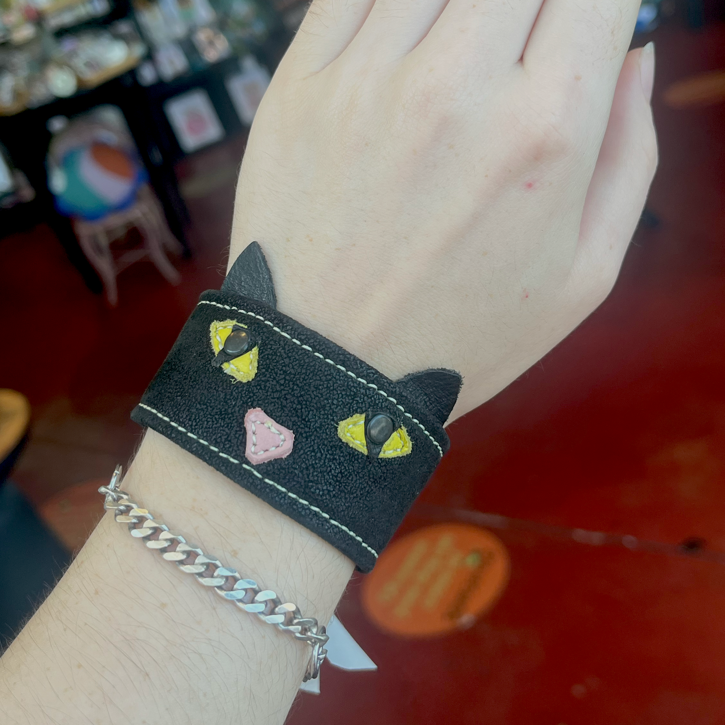 Black Cat Up-cycled Leather Wrist Cuff