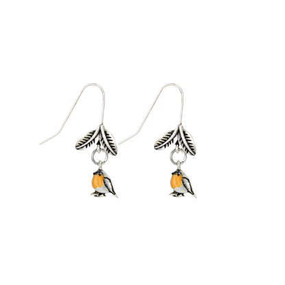 Silver Bird Leaf Dangle Earrings