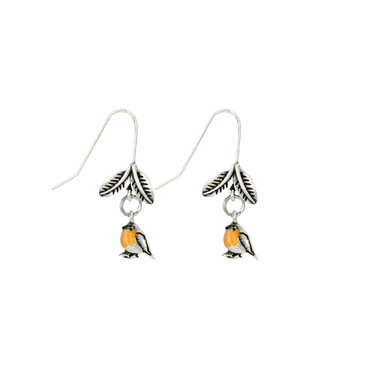 Silver Bird Leaf Dangle Earrings