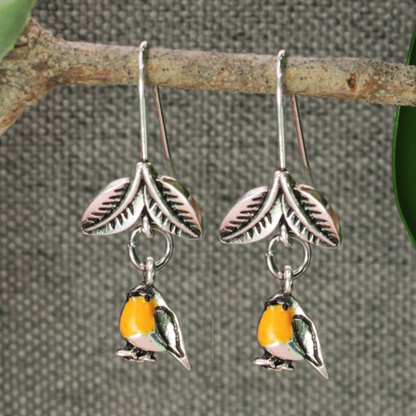 Silver Bird Leaf Dangle Earrings