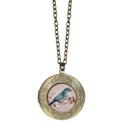 Vintage Bird Print Gold Locket Necklace