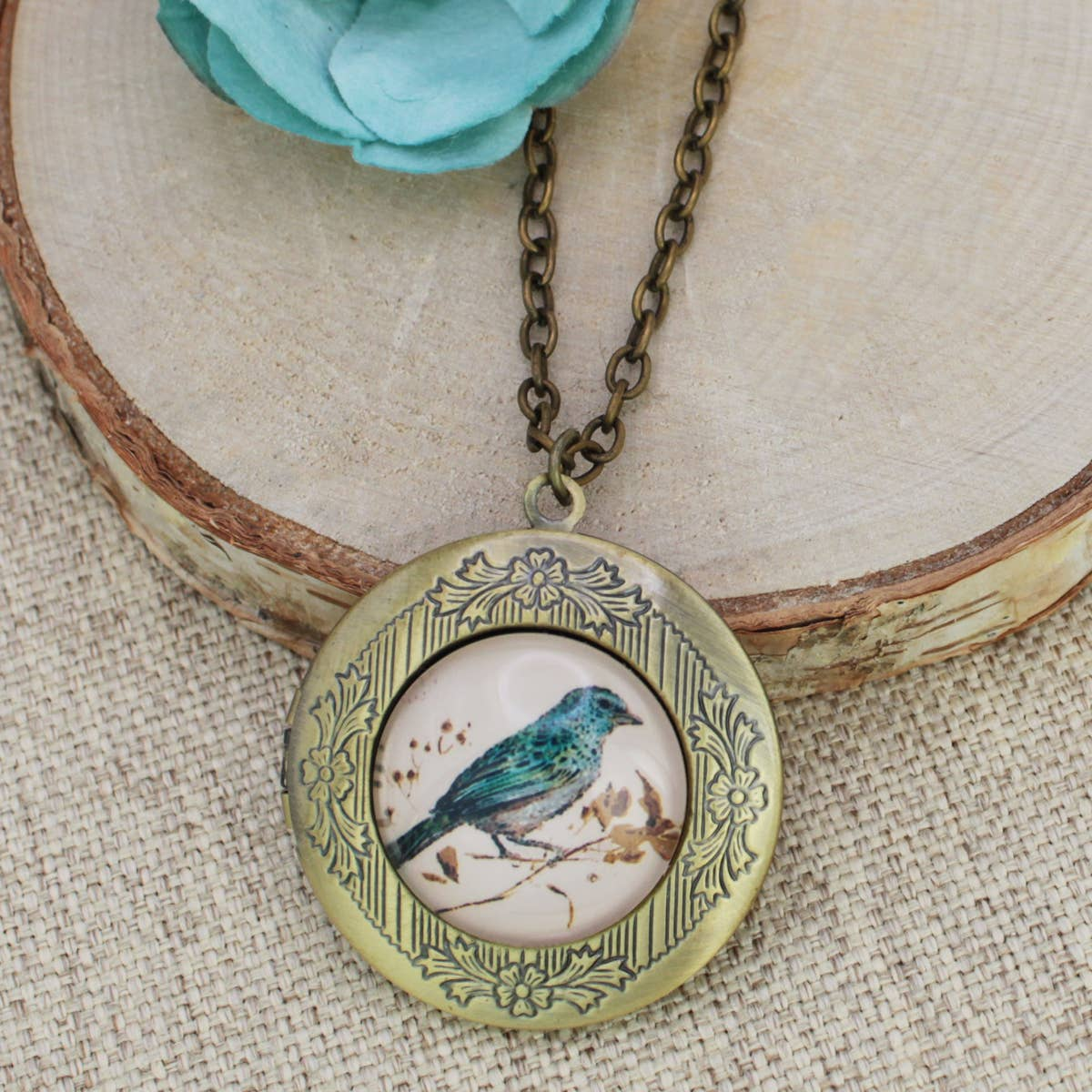 Vintage Bird Print Gold Locket Necklace