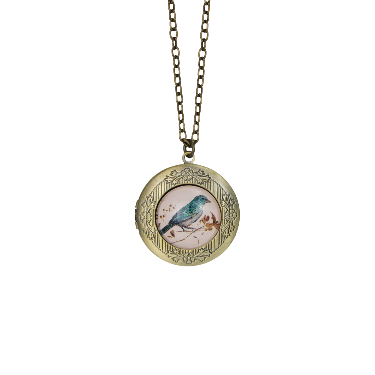 Vintage Bird Print Gold Locket Necklace