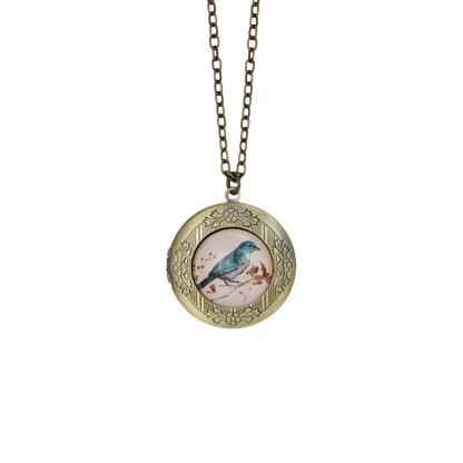 Vintage Bird Print Gold Locket Necklace