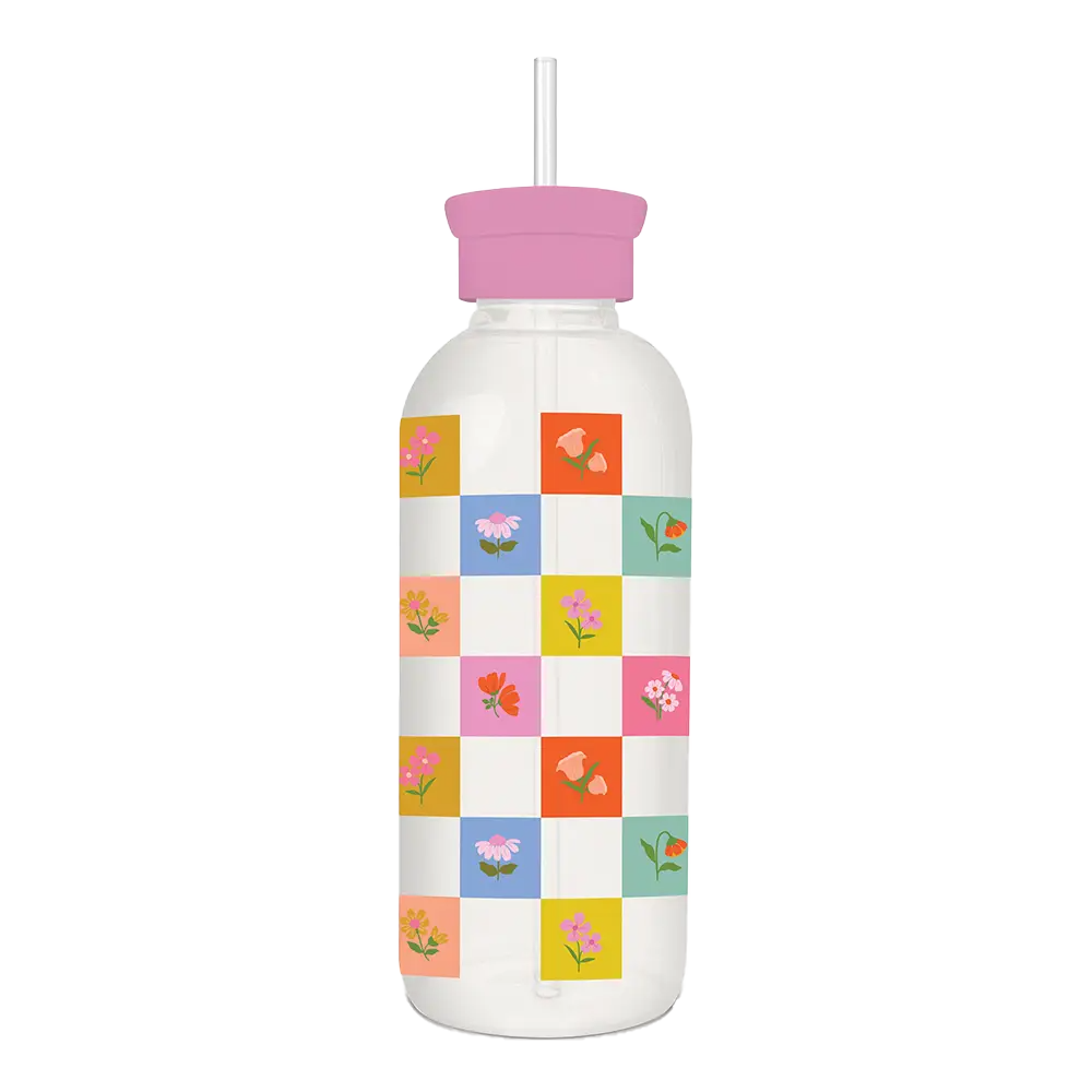 Checkerboard Blooms Glass Water Bottle with Straw