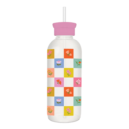 Checkerboard Blooms Glass Water Bottle with Straw