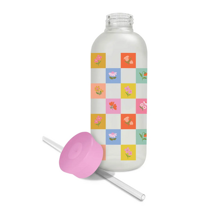 Checkerboard Blooms Glass Water Bottle with Straw