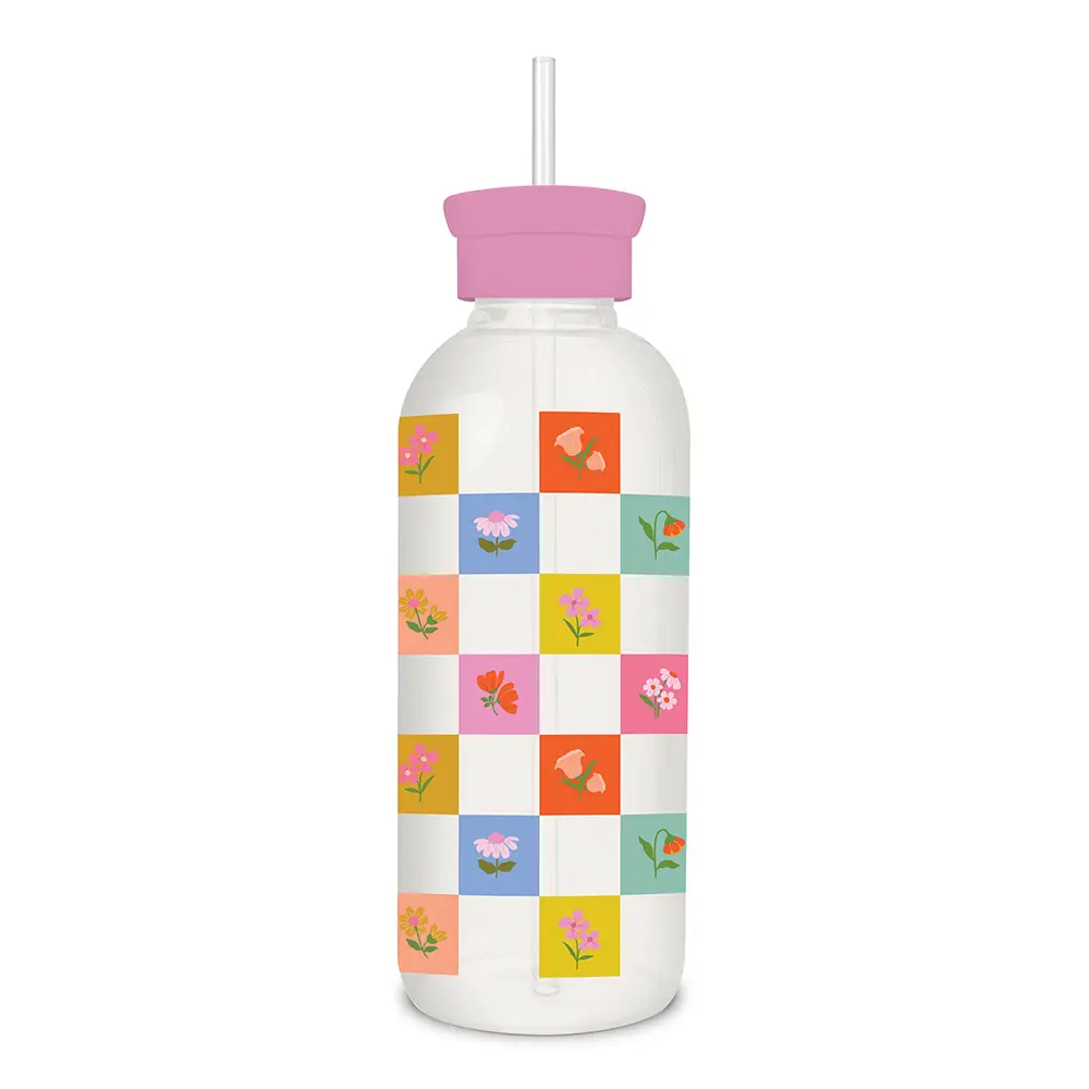 Checkerboard Blooms Glass Water Bottle with Straw