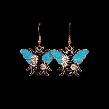 Blue Wing Beetle Floral Dangle Earrings