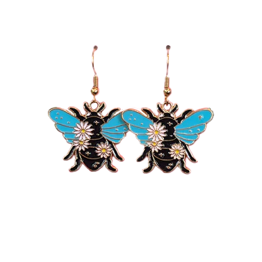 Blue Wing Beetle Floral Dangle Earrings